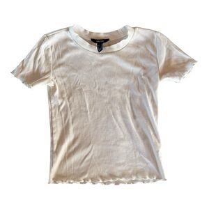 Forever 21 NWOT White Ribbed Women's Ruffles Crew Neck Tee Shirt Cropped Size S